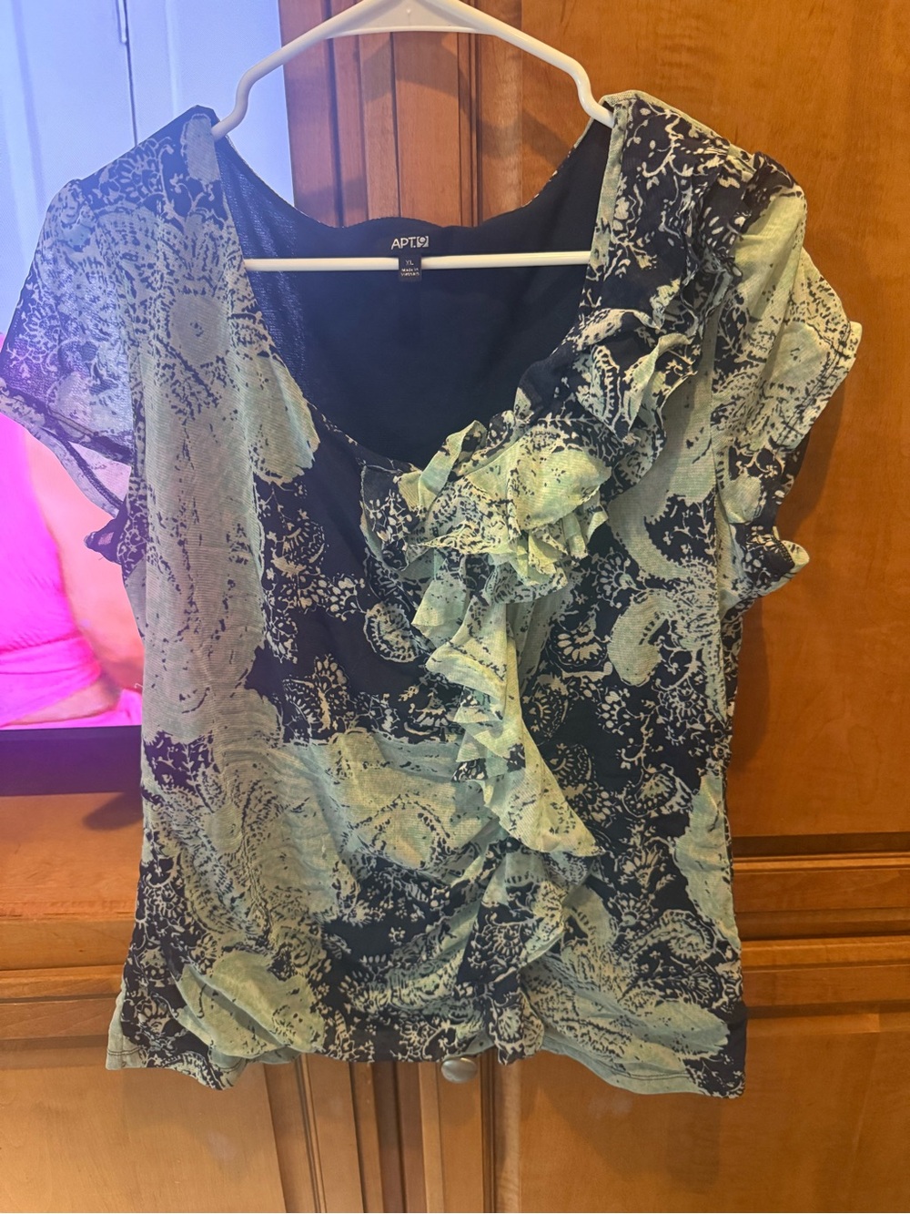 Apt. 9 Navy and Light Blue Ruffle-Front Paisley Blouse